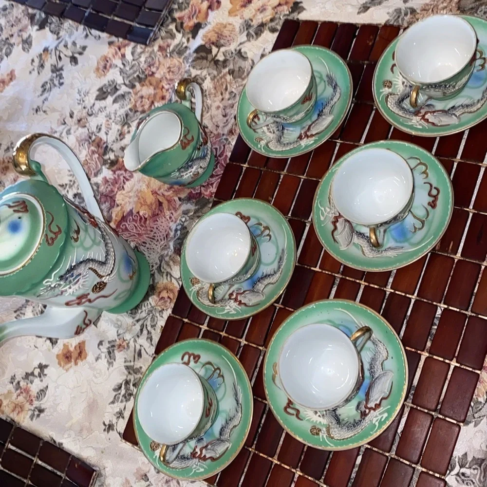 Vintage Dragonware Tea Set JB Betsons Green Hand Painted Moriage 14 pc set Japan